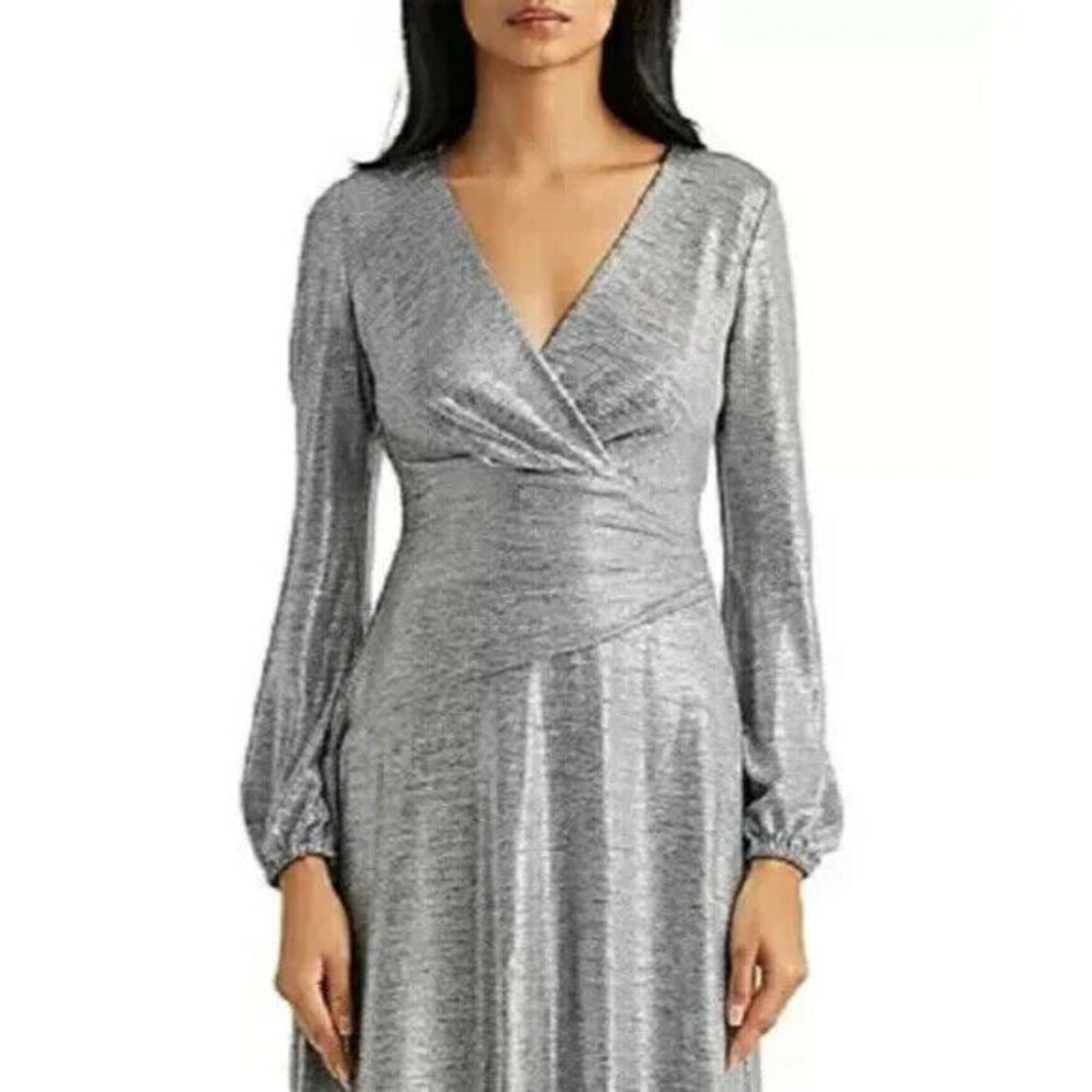 Lauren Ralph Metallic Long Sleeve Dress Size 12 Grey Rt $195 Cocktail Formal